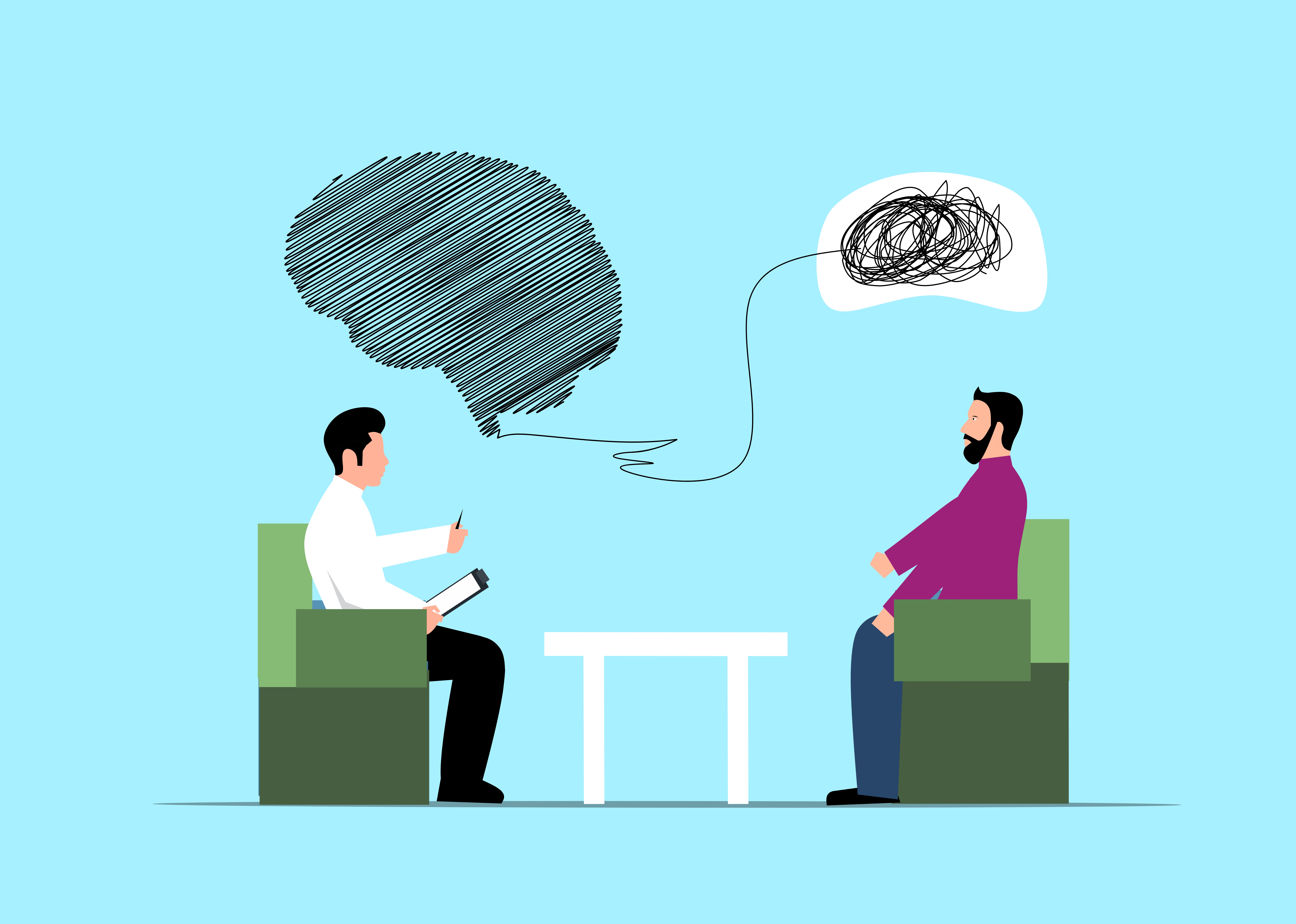 Schematyczny rysunek przedstawiający terapię psychologiczną: po prawej stronie pacjent ze splątanym kłębkiem w dymku nad głową, nić z dymku tworzy dymek przy terapeucie zarysowany liniami prostymi