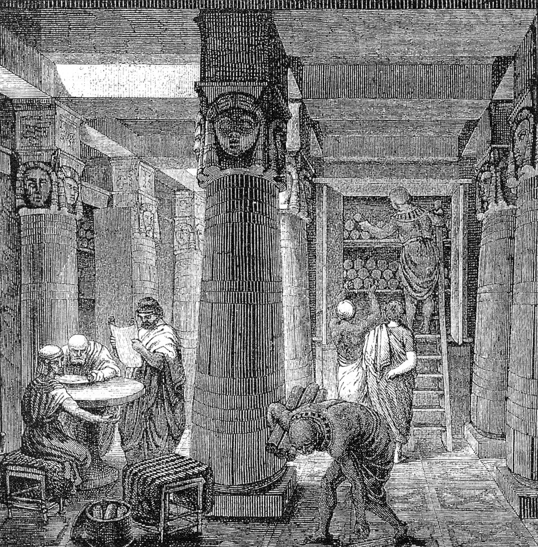 opis za Wikipedią: XIX-wieczne artystyczne przedstawienie Biblioteki Aleksandryjskiej autorstwa niemieckiego artysty O. von Corvena, częściowo oparte na dostępnych w tamtym czasie znaleziskach archeologicznych